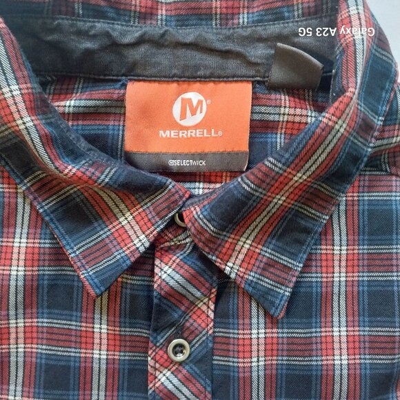 Mens Merrell Long Sleeve Plaid Button-Up Shirt L/G Polyester Red & Blue Classic - Picture 5 of 5